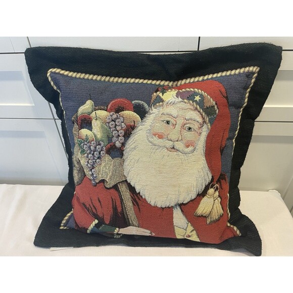 Vintage Large Old World Santa Tapestry Pillow 23x23 in. Father Christmas Fruit - Picture 1 of 7
